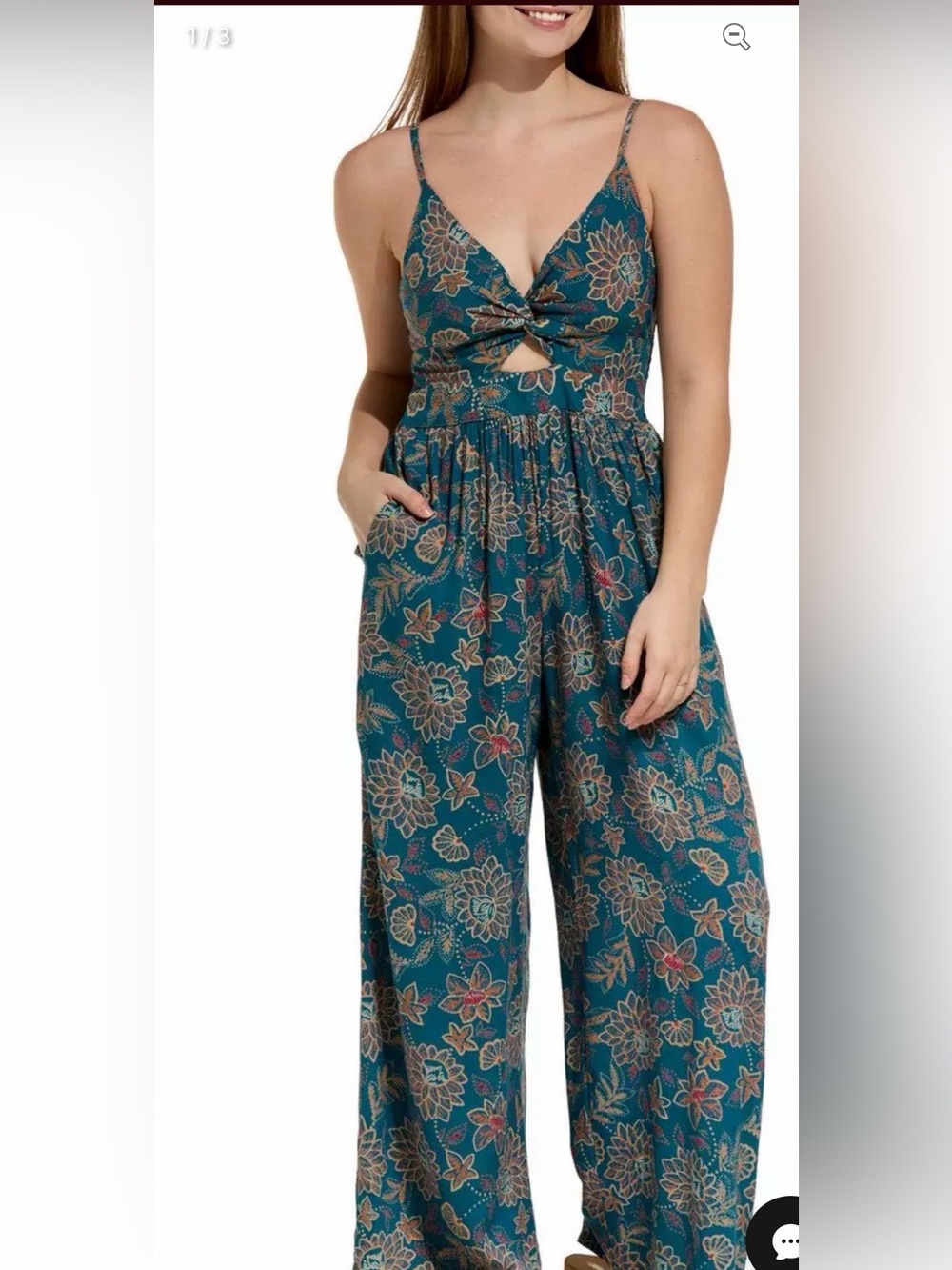Angie Teal and Coral Printed Keyhole Twisted Rayon Jumpsuit